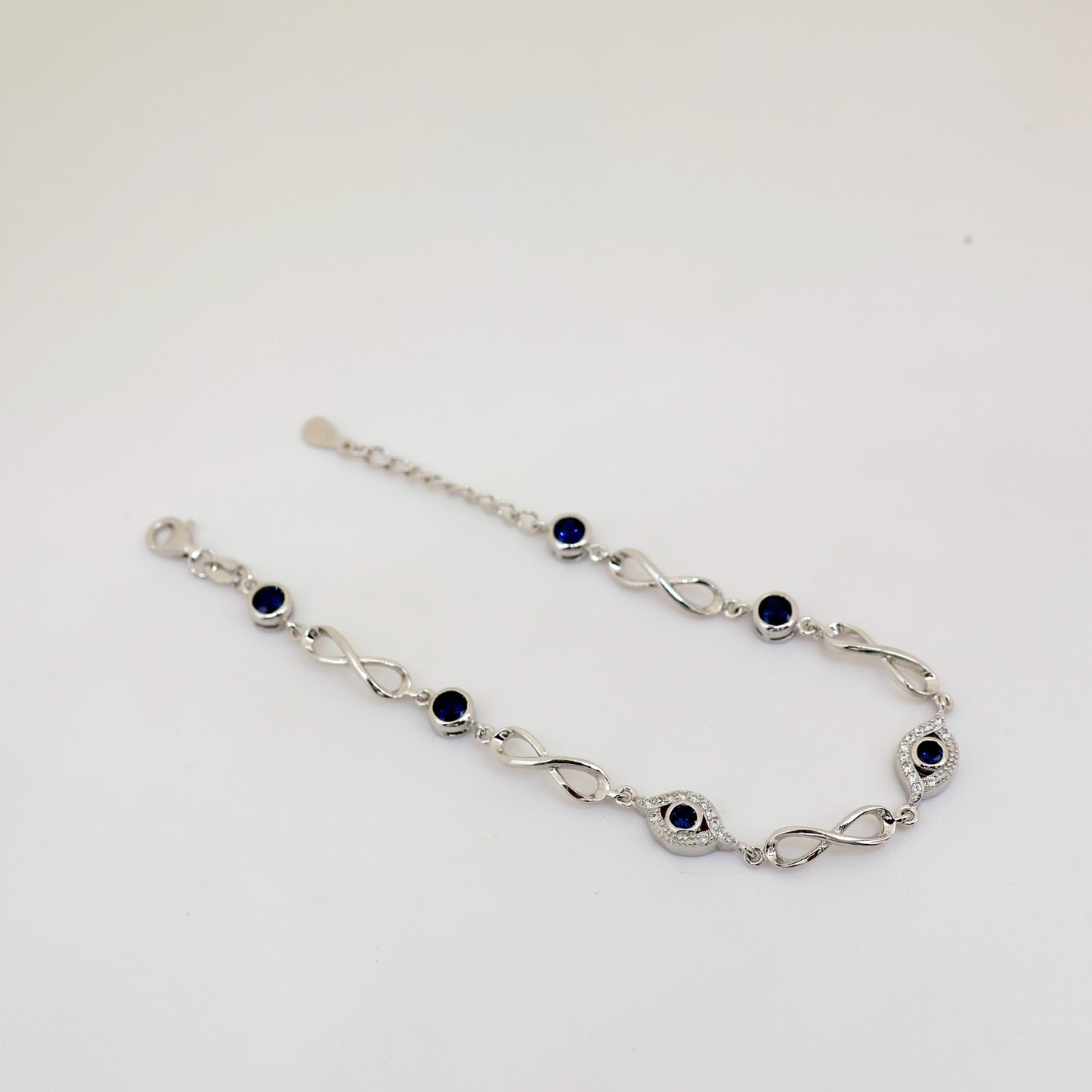 925 Sterling Silver Infinity & Evil Eye Bracelet with Blue Stones