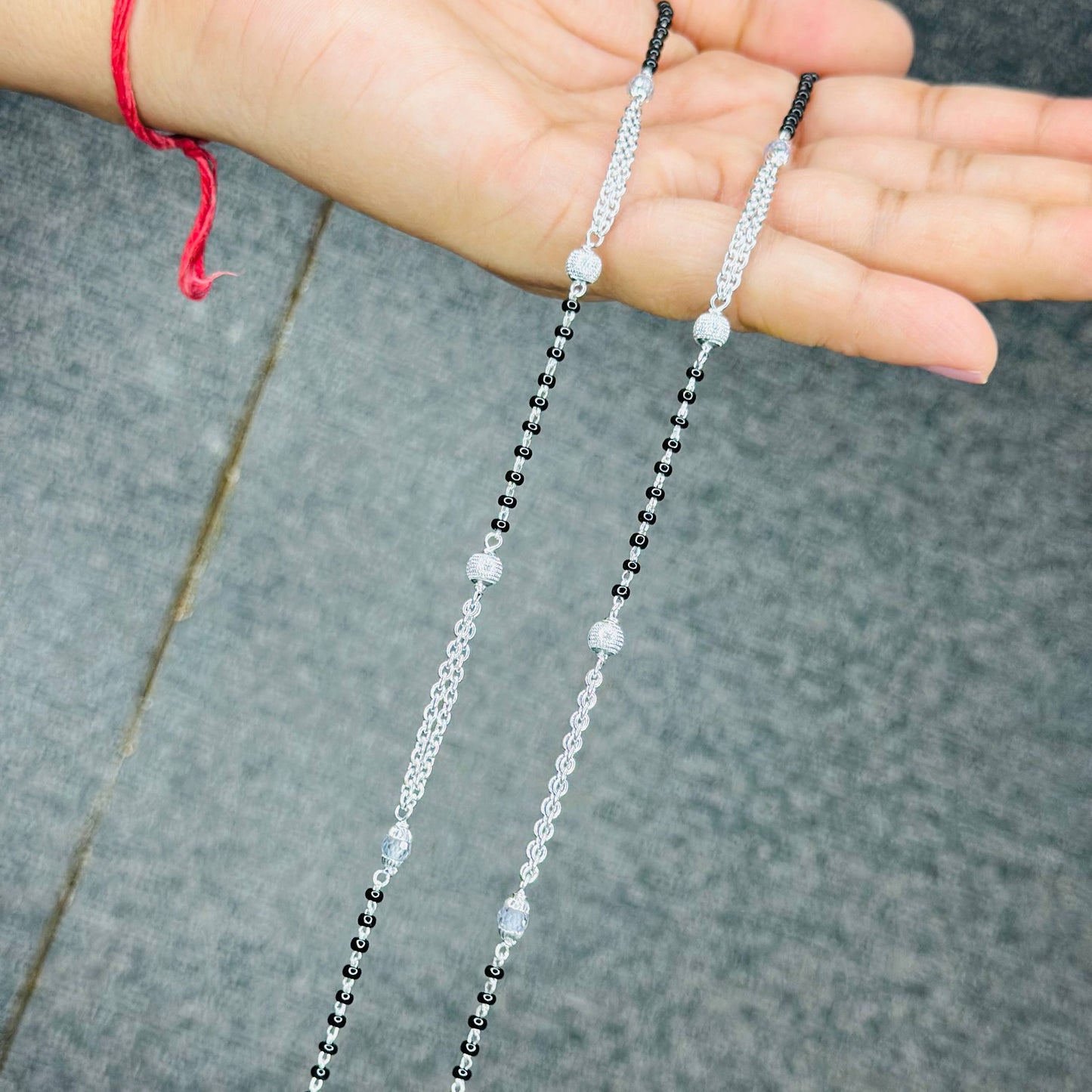 Sterling Silver Dual Chain Black Beaded Anklet