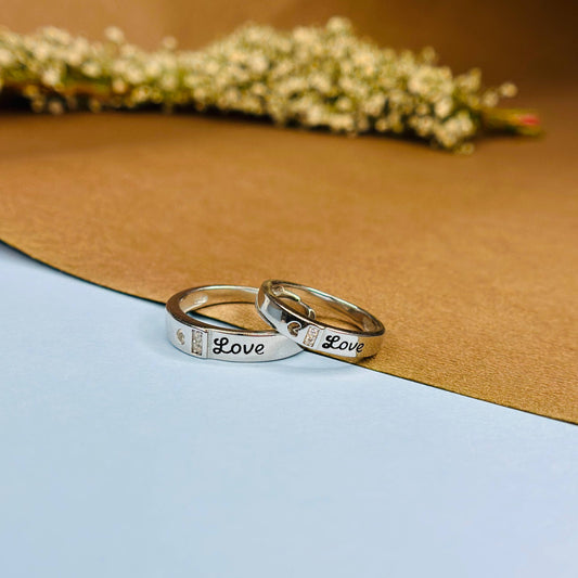 Love Engraved Couple Rings in Pure 925 Silver with CZ Accents