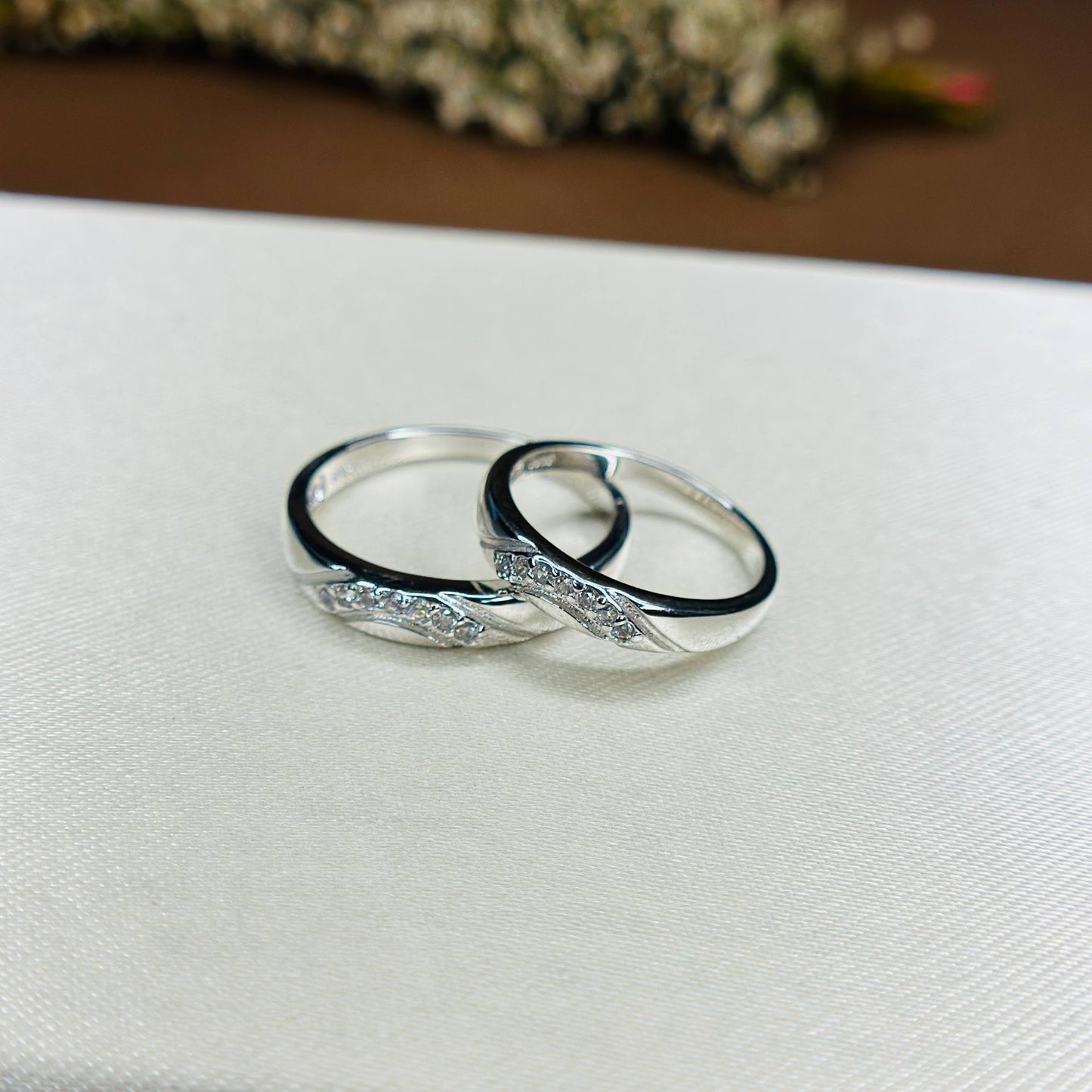 Twist Design Couple Rings in Pure 925 Silver with CZ Detailing