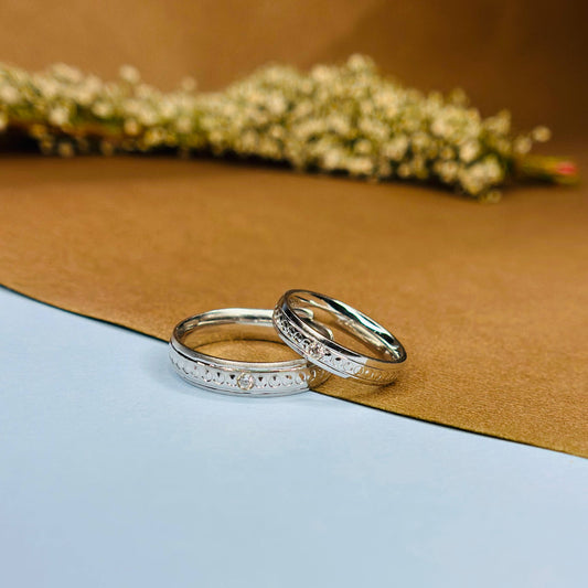 Patterned Band Couple Rings in Pure 925 Silver with CZ Accent