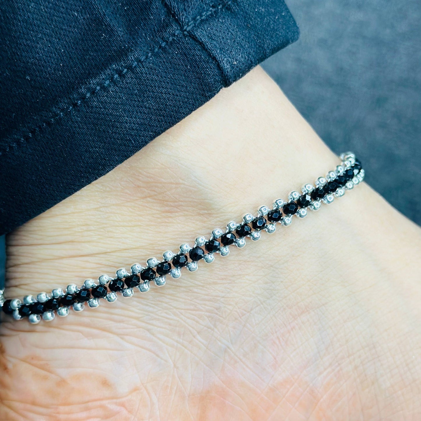 Sterling Silver Double Layer Black Beaded Anklet