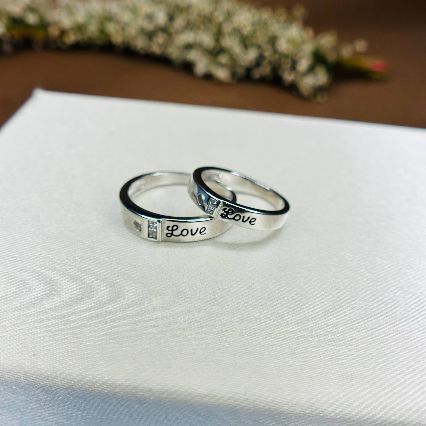 Love Engraved Couple Rings in Pure 925 Silver with CZ Accents