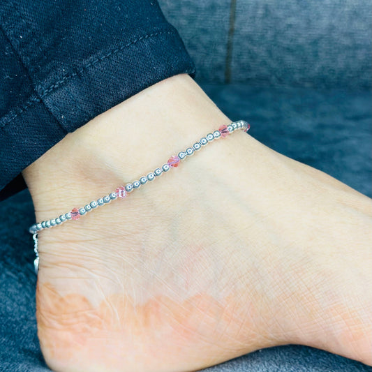 925 Sterling Silver Beaded Anklet with Colorful Crystals