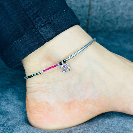 925 Sterling Silver Multicolor Beaded Anklet with Charm