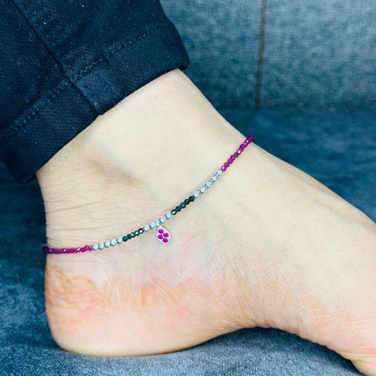 Sterling Silver Multicolor Beaded Anklet with Teardrop Charm