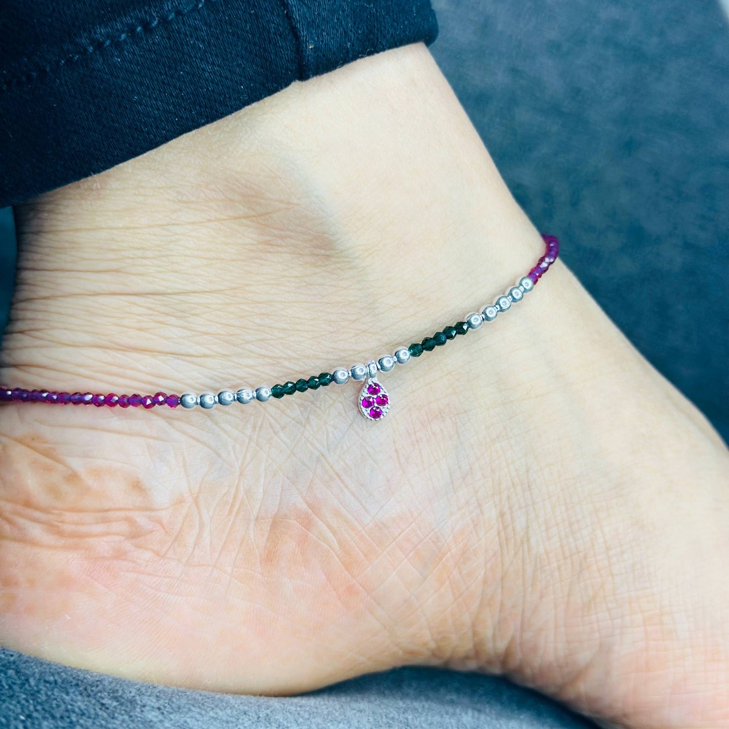 Sterling Silver Multicolor Beaded Anklet with Teardrop Charm