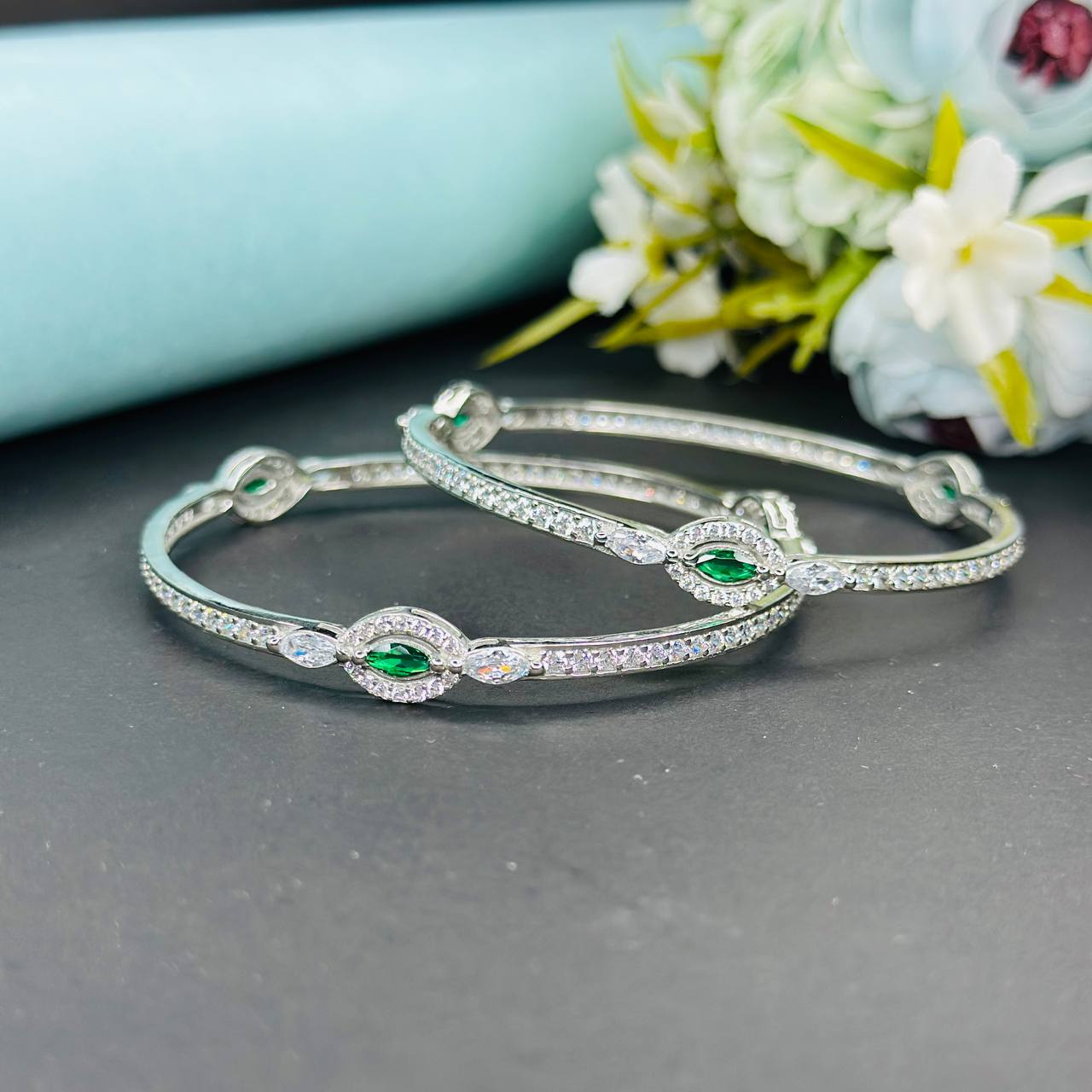 Elegant Silver-Plated Green Emerald-CZ Bangles