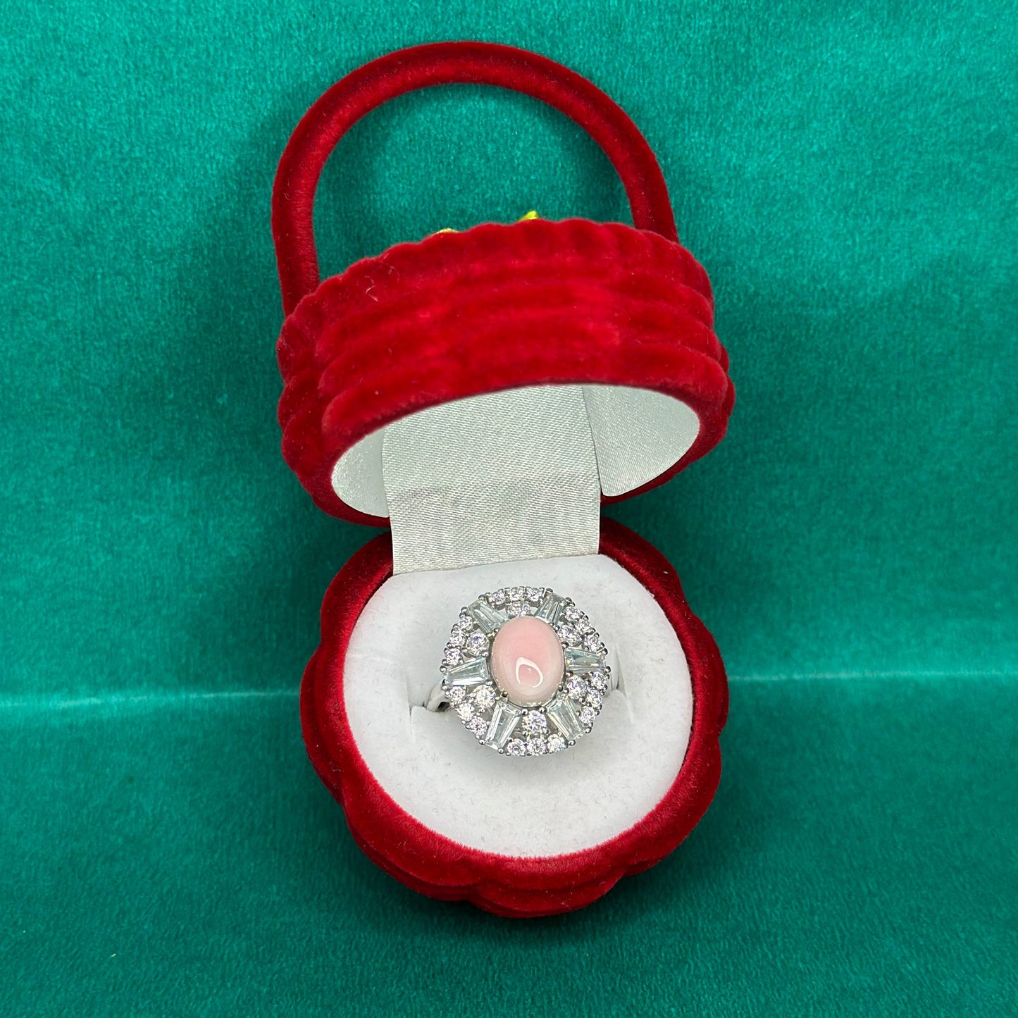 925 Silver Pink Opal Halo Ring