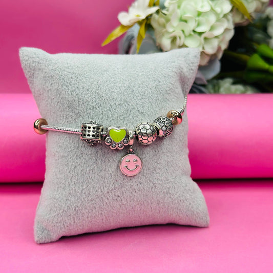 Pure 925 Silver Charm Bracelet with Colorful Beads & Smiley Pendant
