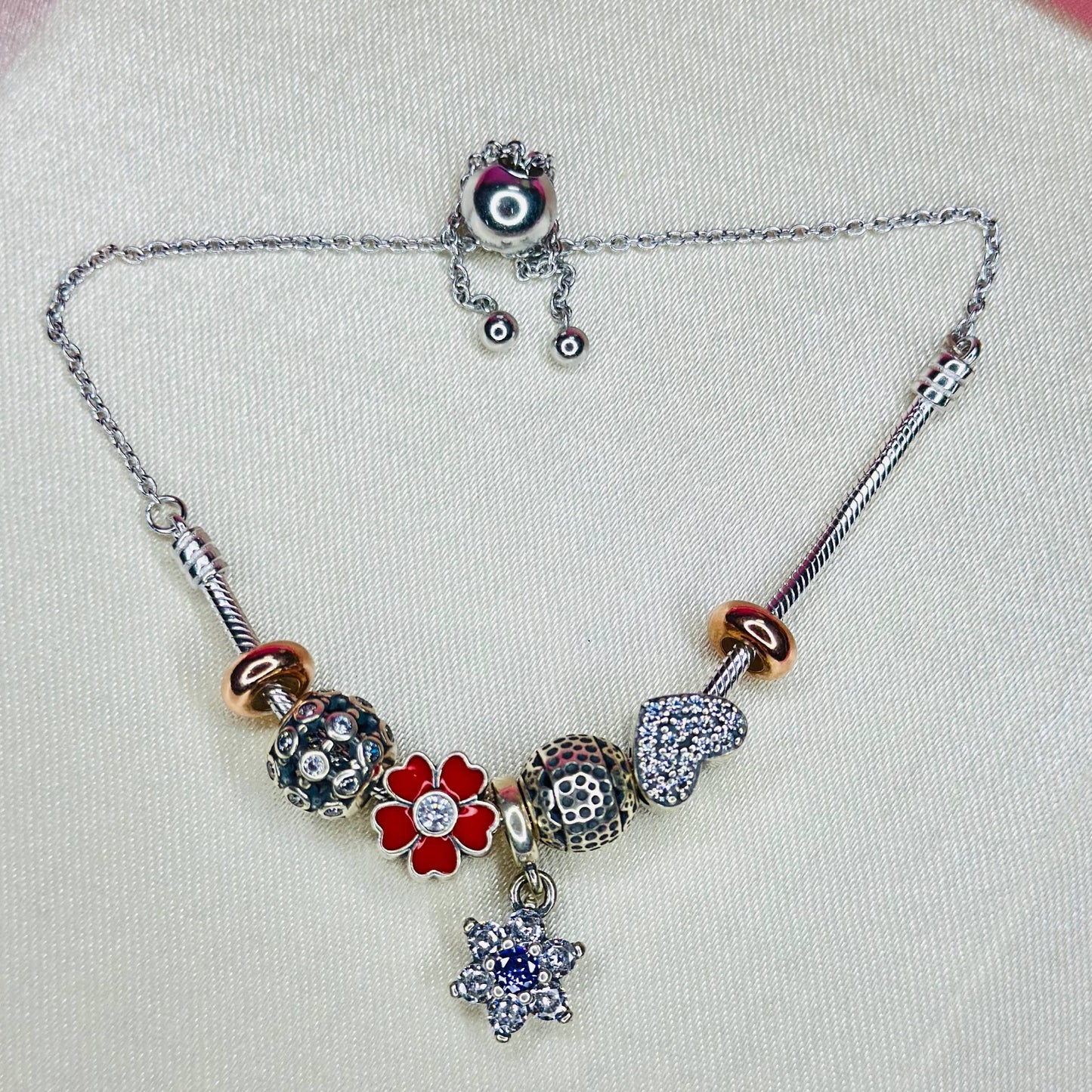 Romantic 925 Sterling Silver Charm Bracelet with Heart & Flower Accents