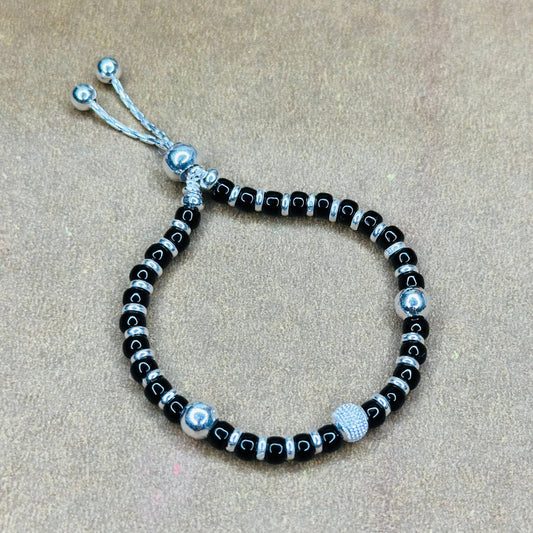 Silver Black Beaded Kids Bracelet (Pair)