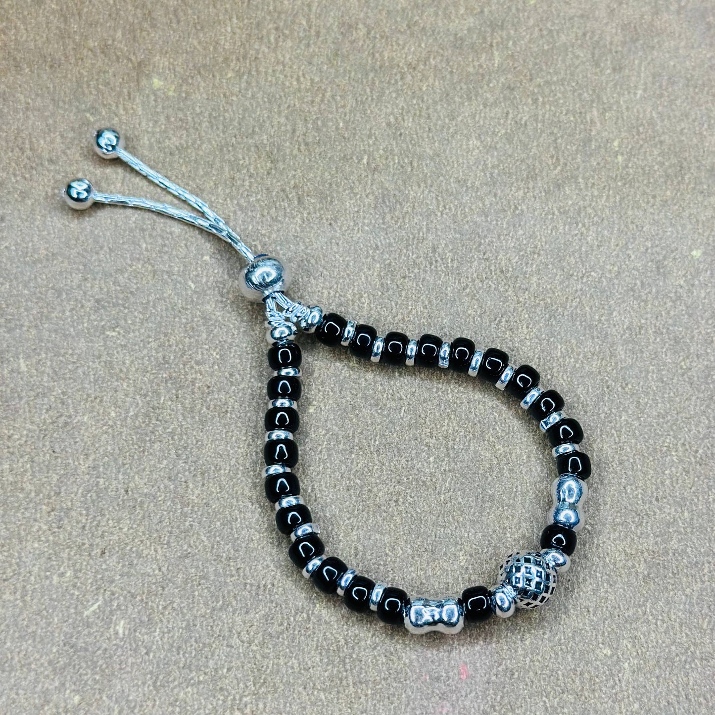 Silver Black Beaded Kids Bracelet with Designer Charm (Pair)