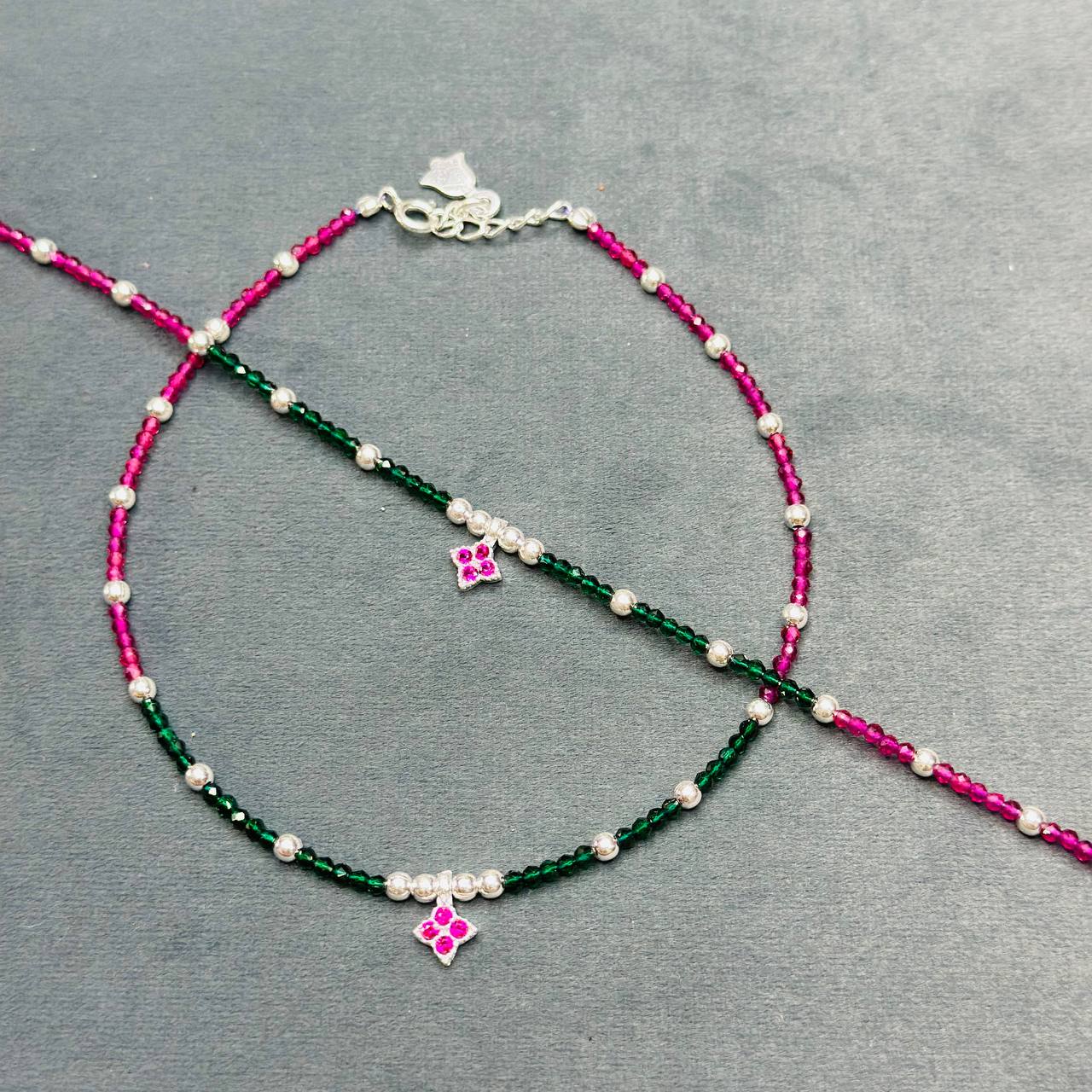 Silver Beaded Floral Charm Anklet Pair