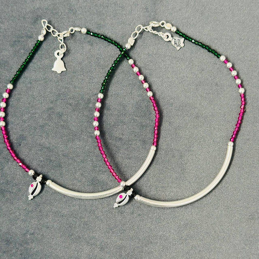 Sterling Silver Multicolor Beaded Payal with CZ Charm