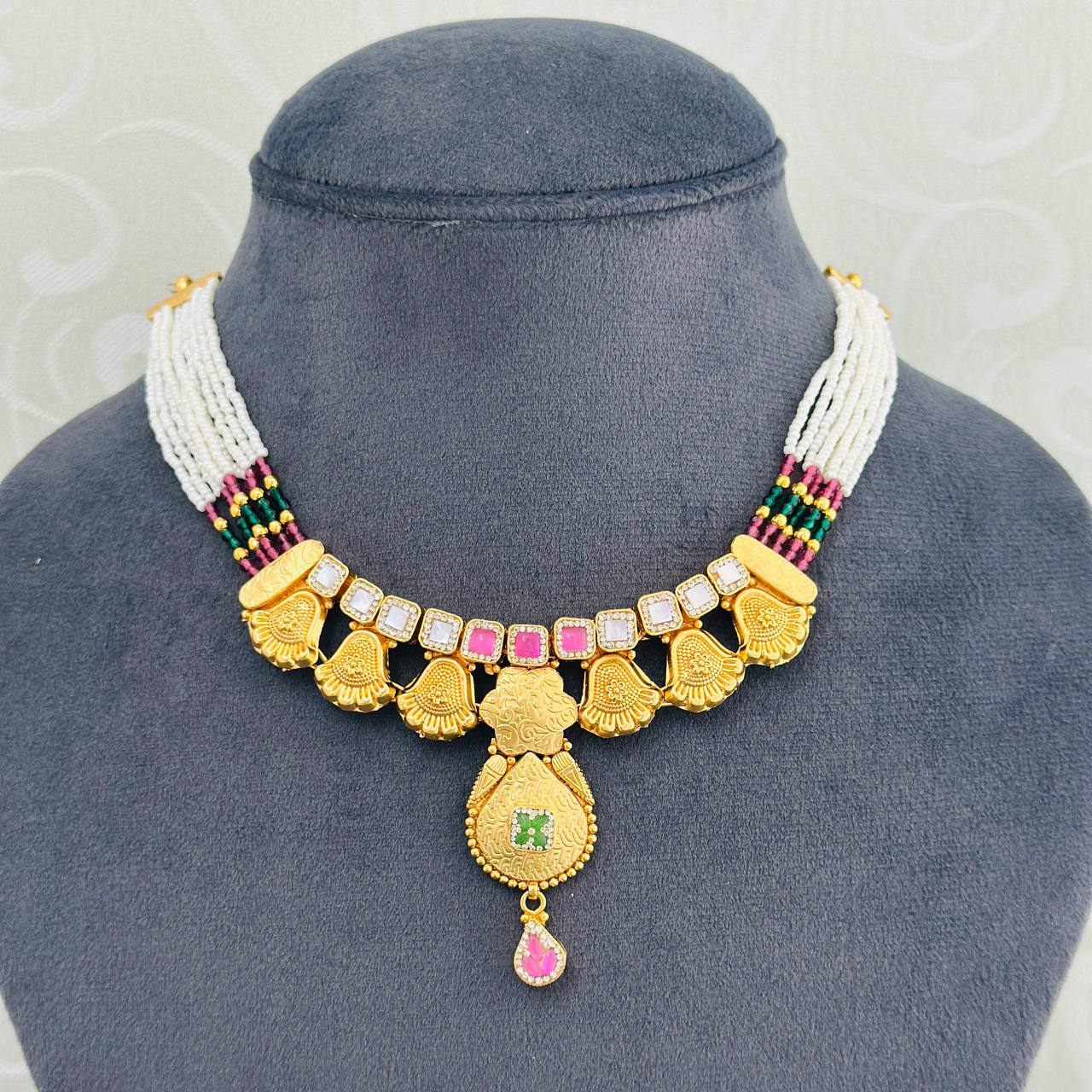 925 Silver Gold Plated Peacock Motif Beaded Necklace Set with Earrings
