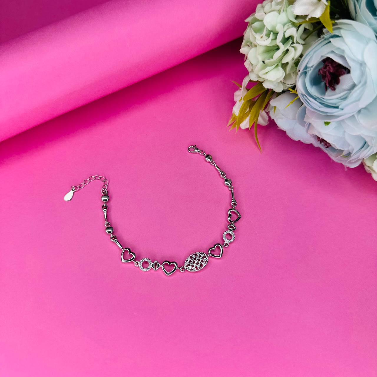 Sterling Silver Heart Shape & White Stone Gems Bracelet for Her