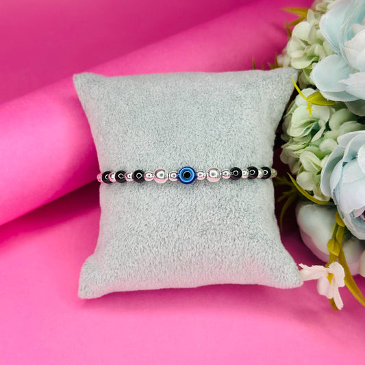 925 Sterling Silver Adjustable Beaded Bracelet with Evil Eye Accent