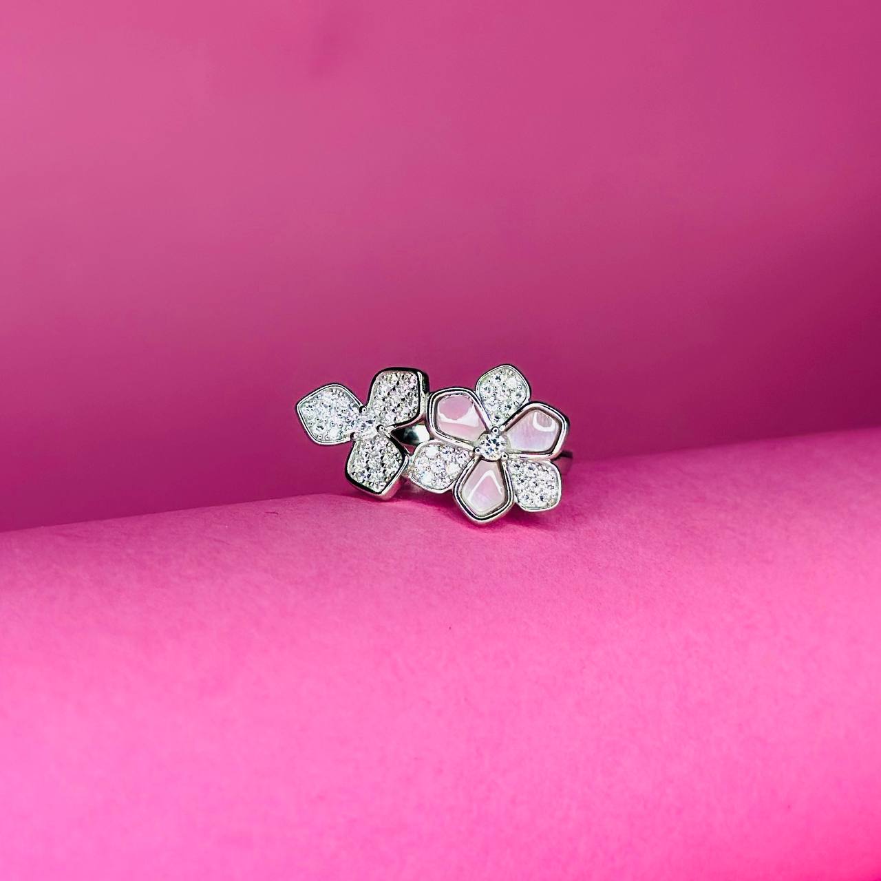 Elegant Double Flower 925 Sterling Silver Ring with CZ Accents