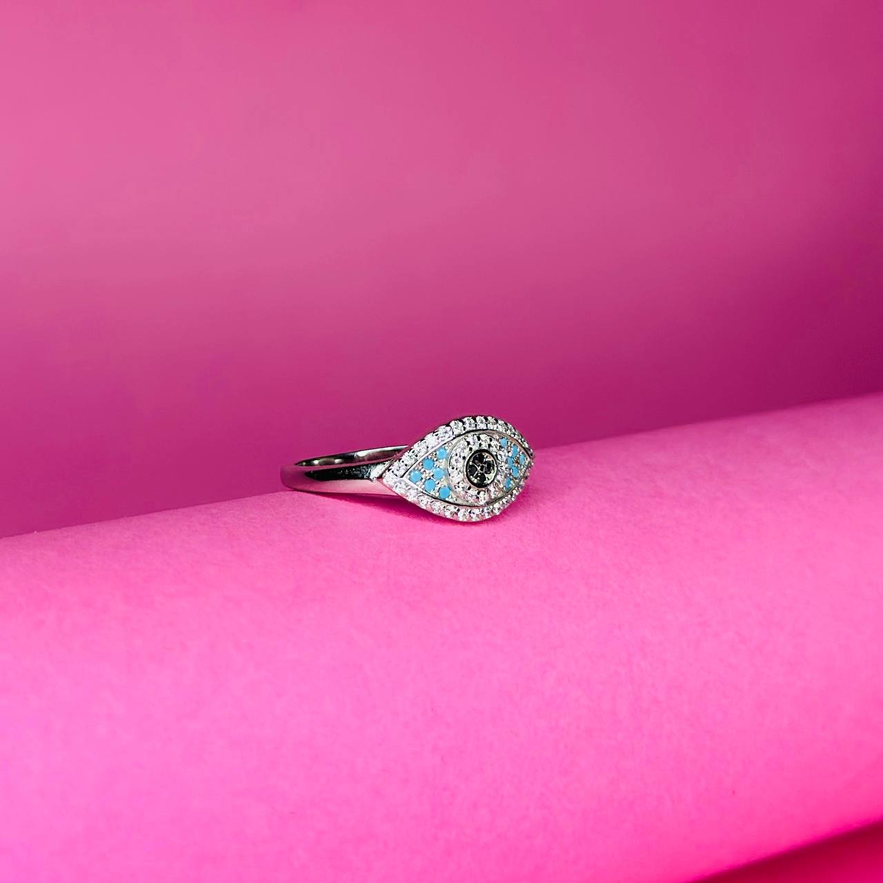 Evil Eye 925 Sterling Silver Ring with Blue & Black CZ Accents