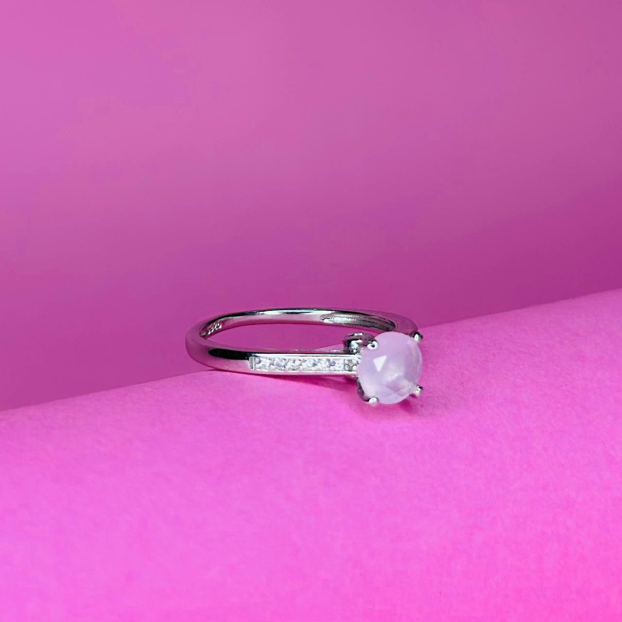 Classic Solitaire 925 Sterling Silver Ring with Rose Quartz & CZ Accents