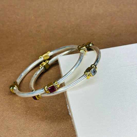 Square Gemstone Bangles in Pure 925 Silver with Gold Accents