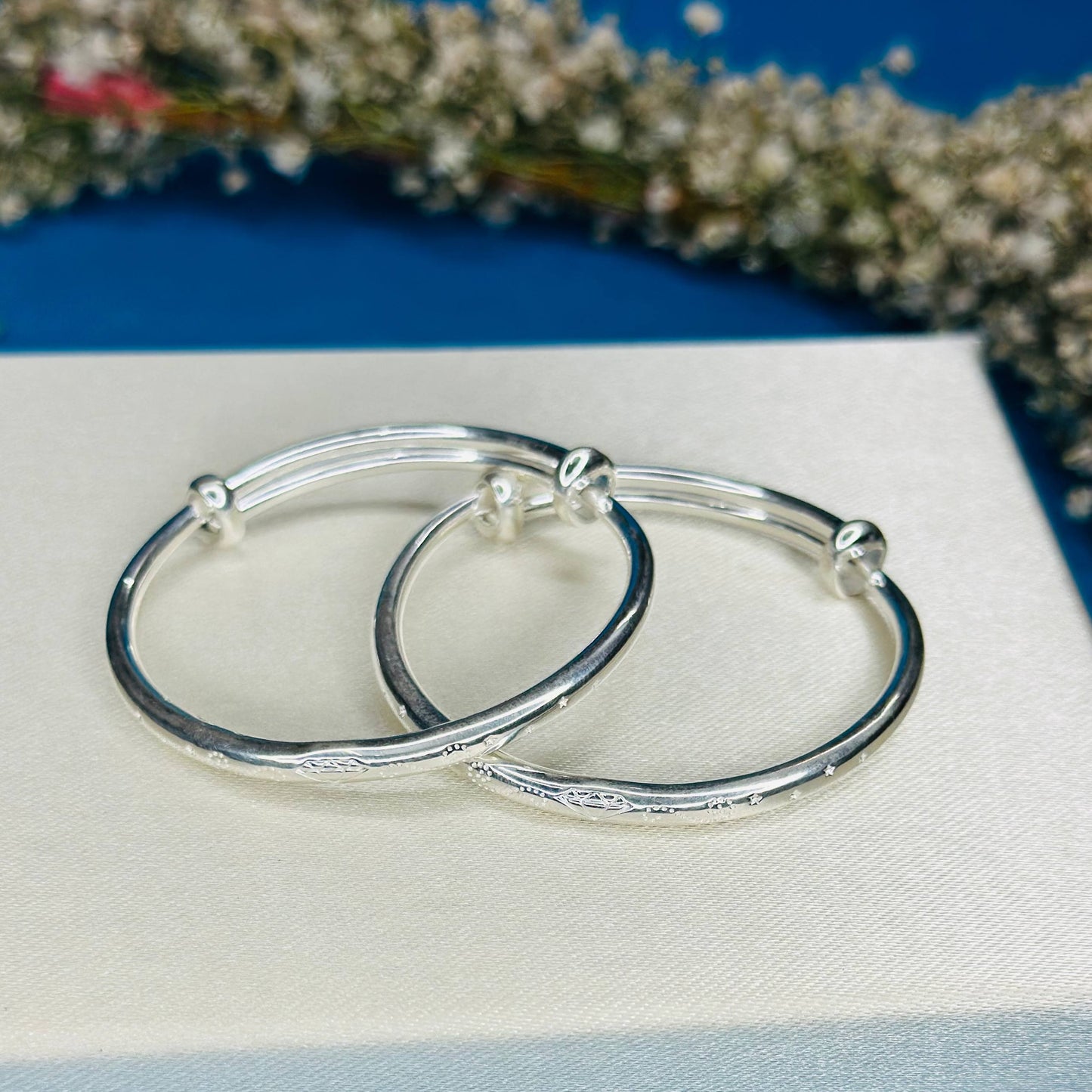 100% Pure Silver Kids Kada with Floral Engraved Design