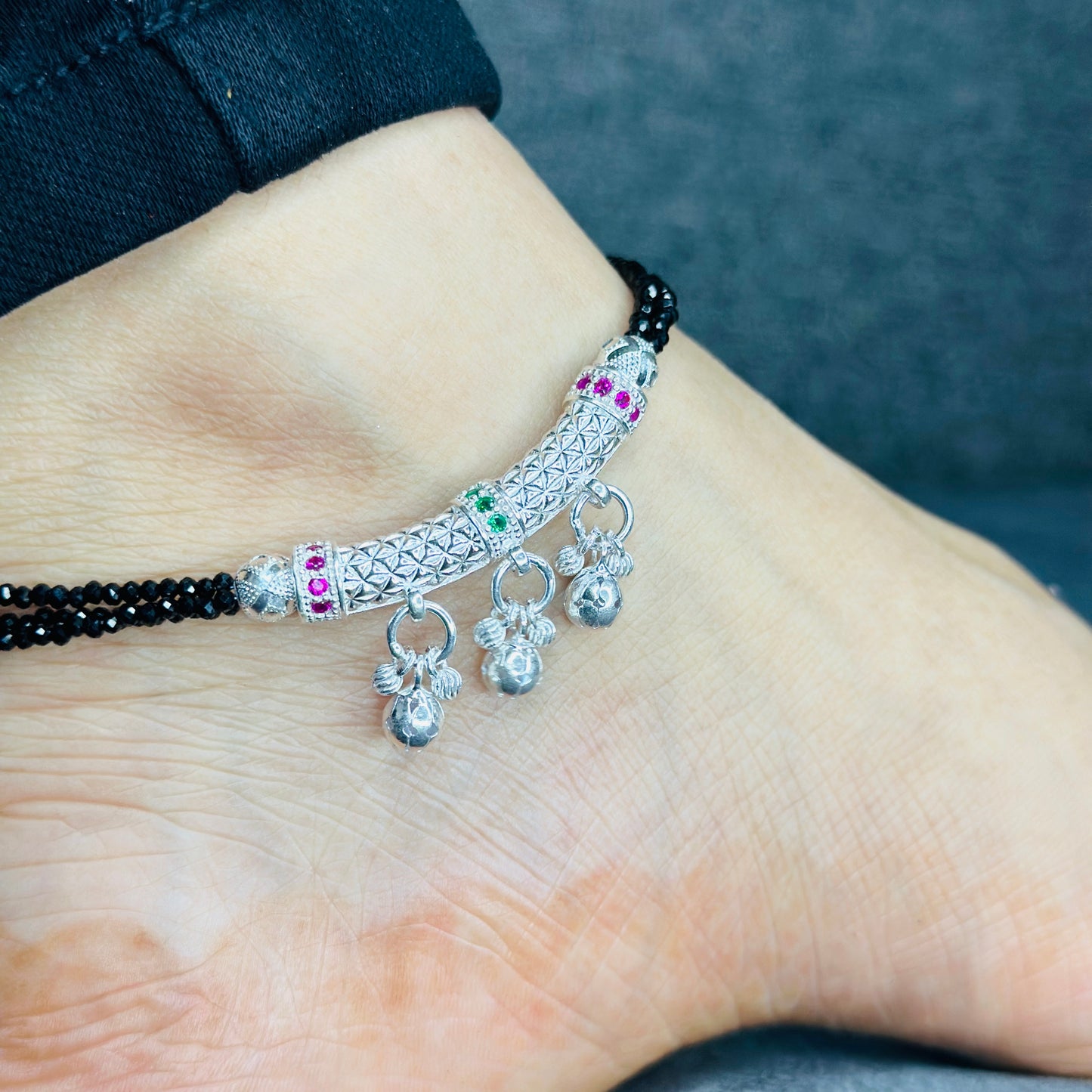 Sterling Silver Traditional Black Bead Payal with Ghungroo