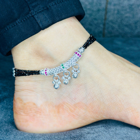 Sterling Silver Traditional Black Bead Payal with Ghungroo