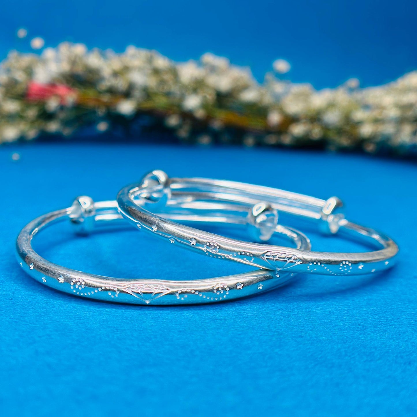 100% Pure Silver Kids Kada with Floral Engraved Design