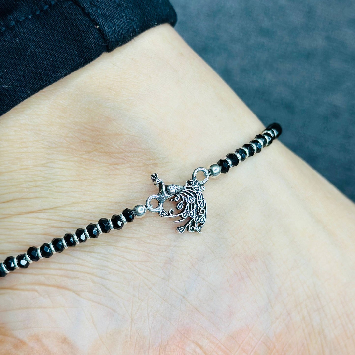 925 Sterling Silver Peacock Charm Anklet with Black Beads