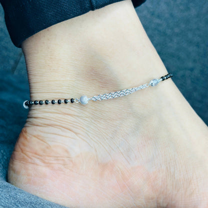Sterling Silver Dual Chain Black Beaded Anklet