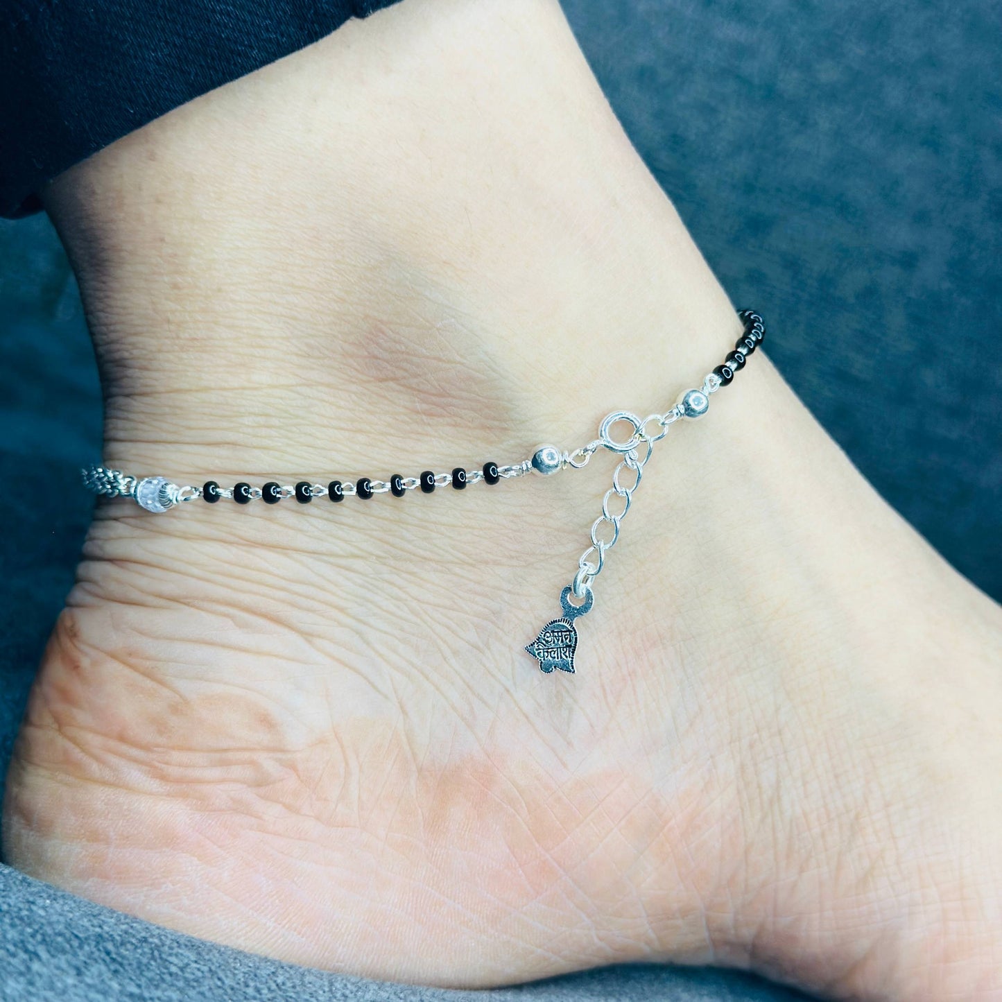 Sterling Silver Dual Chain Black Beaded Anklet