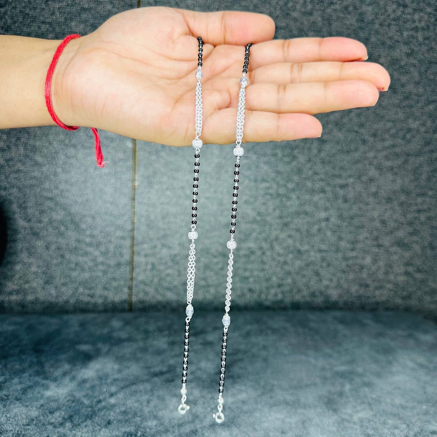 Sterling Silver Dual Chain Black Beaded Anklet