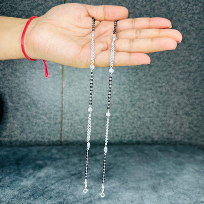 Sterling Silver Dual Chain Black Beaded Anklet