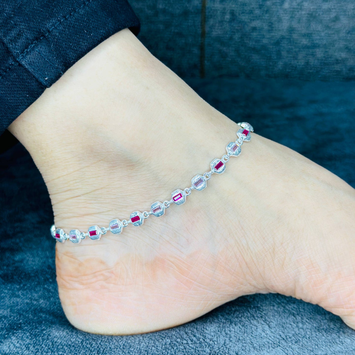 Silver Ruby Stone Anklet