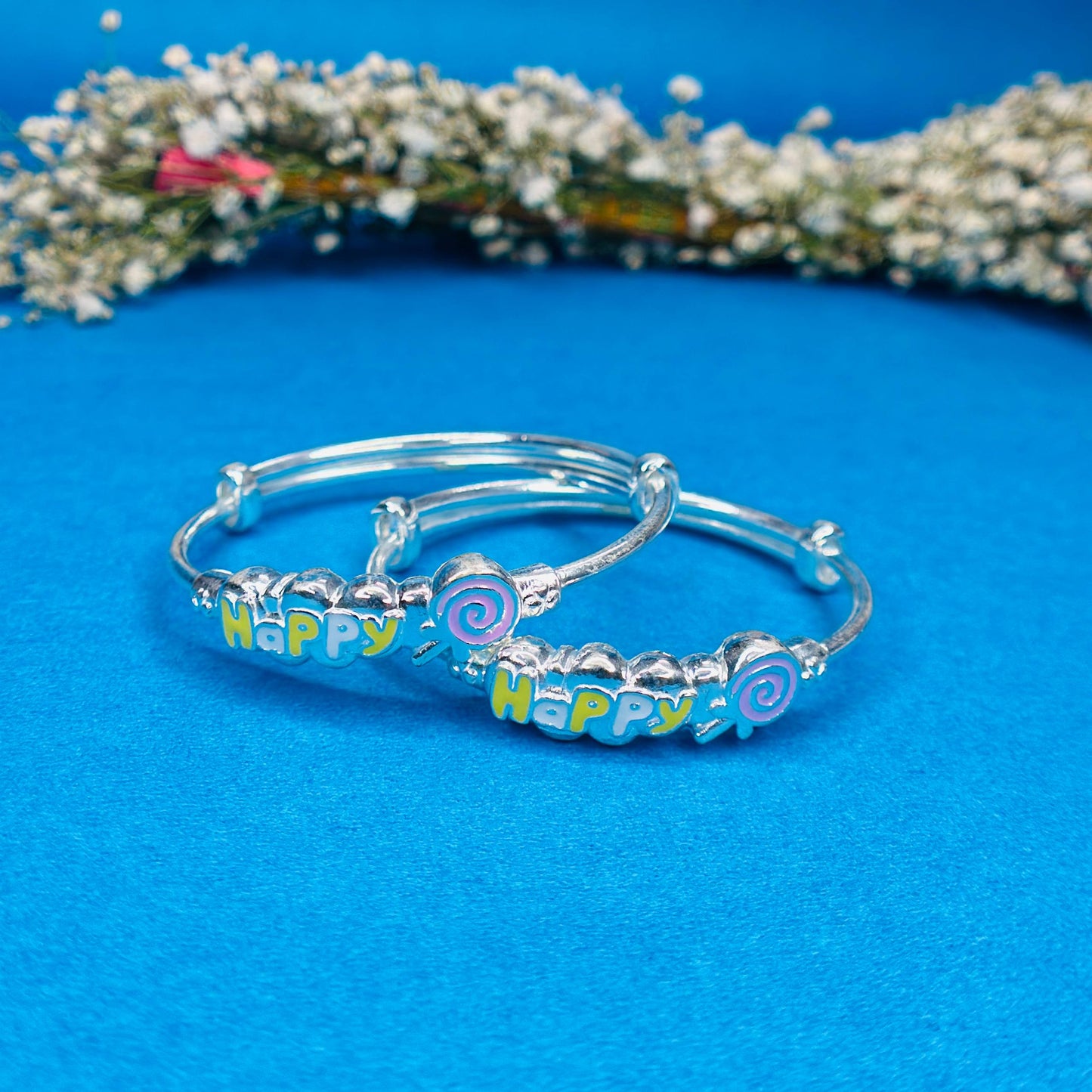 100% Pure Silver Kids Kada with “Happy” Design & Candy Charm