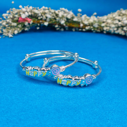 100% Pure Silver Kids Kada with “Happy” Design & Candy Charm
