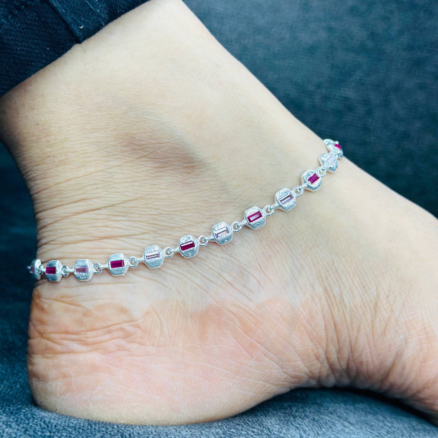 Silver Ruby Stone Anklet
