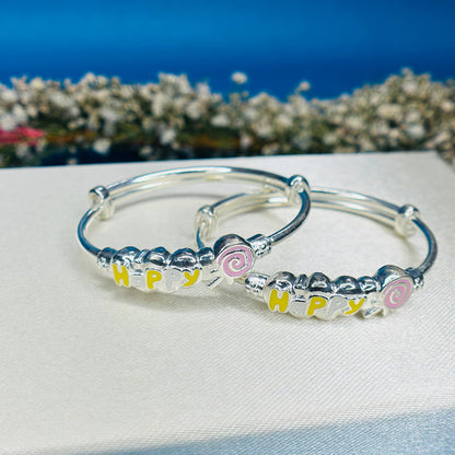 100% Pure Silver Kids Kada with “Happy” Design & Candy Charm