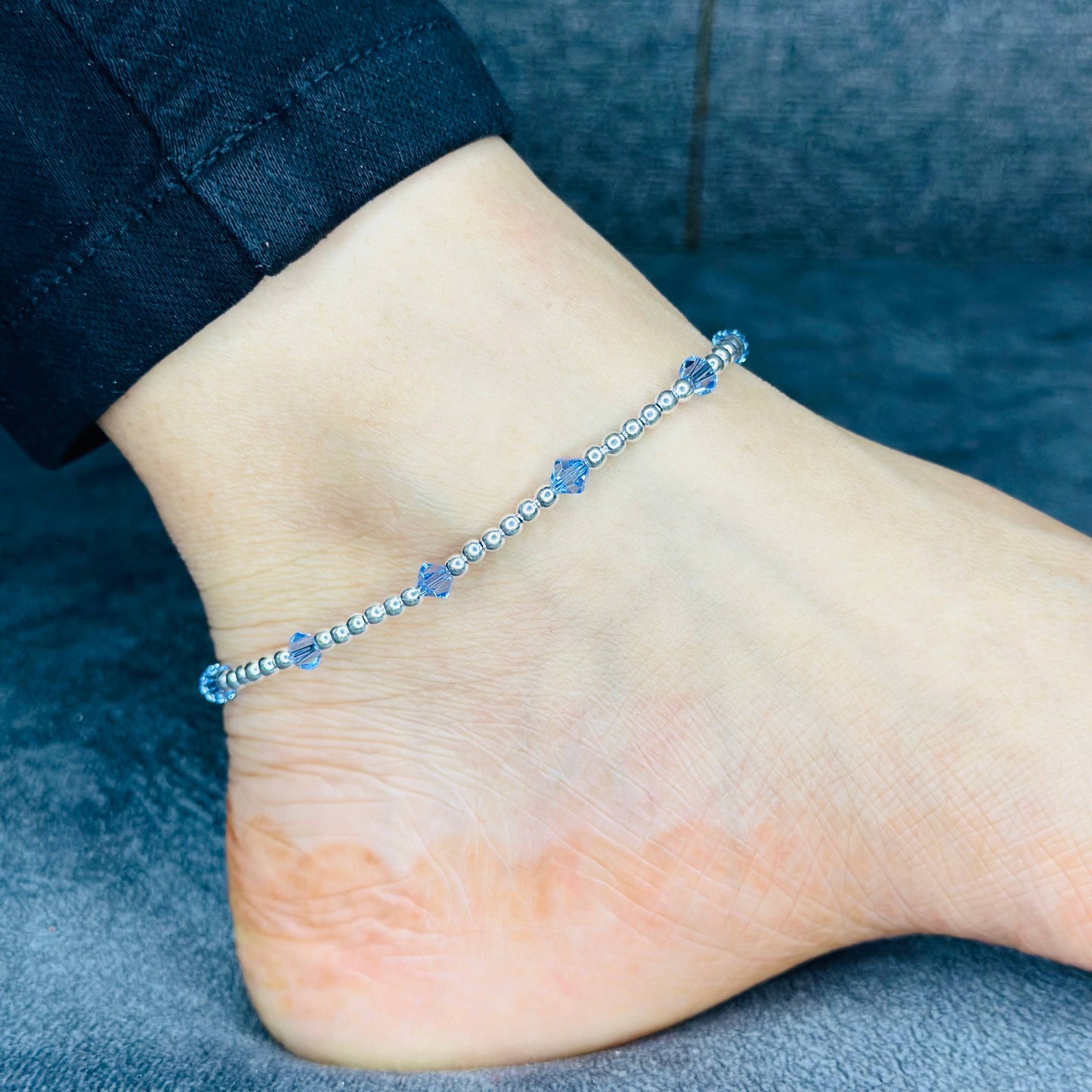 925 Sterling Silver Beaded Anklet with Colorful Crystals