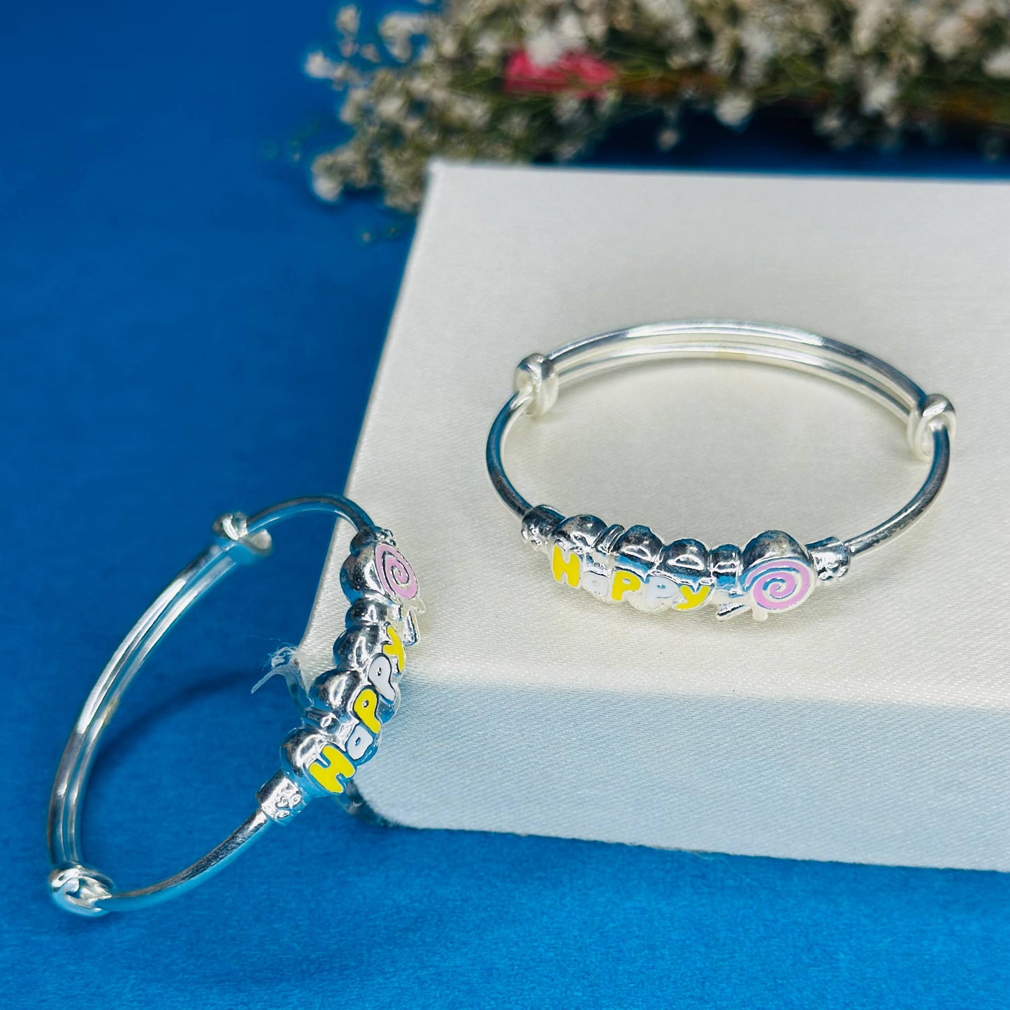 100% Pure Silver Kids Kada with “Happy” Design & Candy Charm