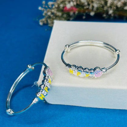 100% Pure Silver Kids Kada with “Happy” Design & Candy Charm