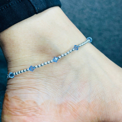 925 Sterling Silver Beaded Anklet with Colorful Crystals
