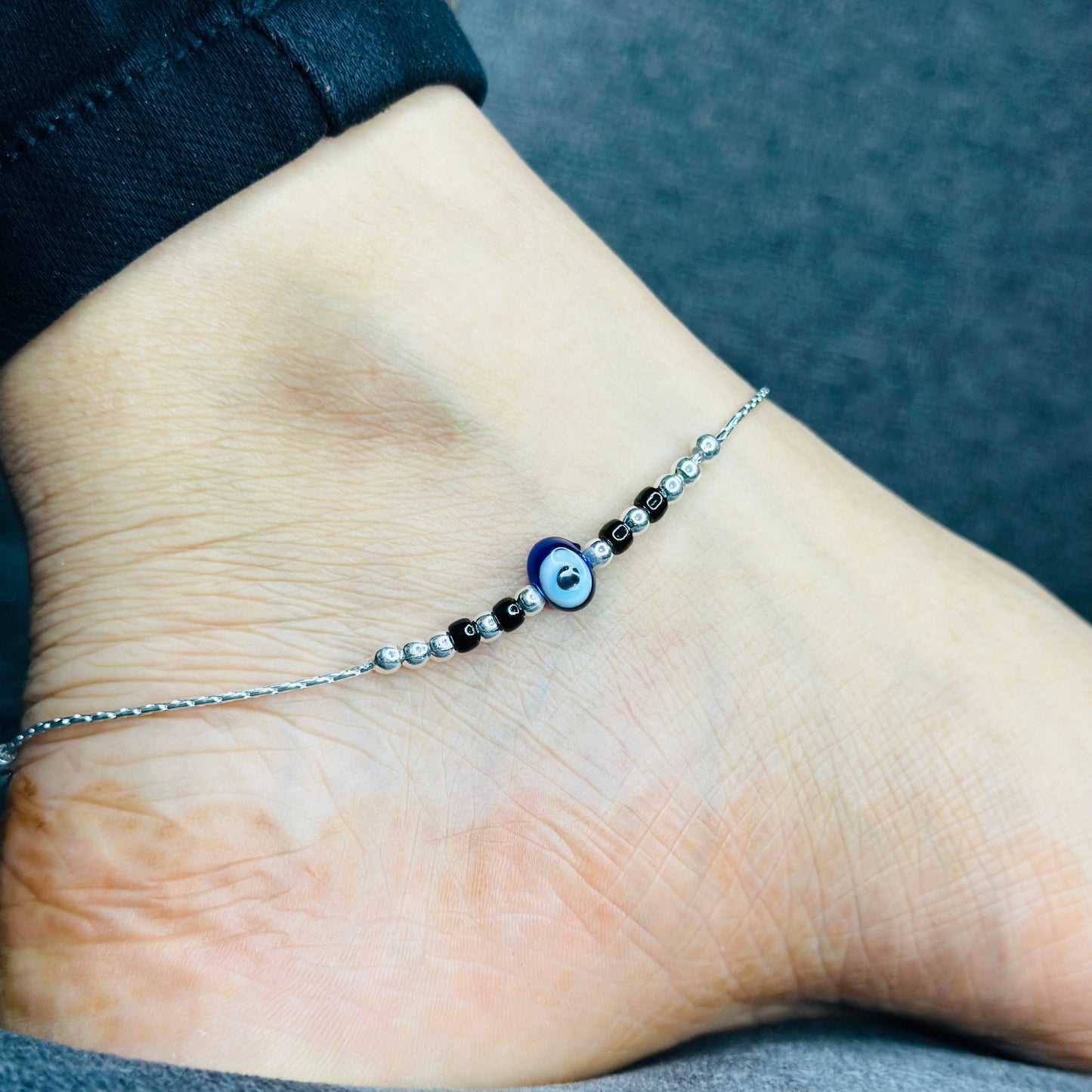 Sterling Silver Evil Eye Beaded Anklet