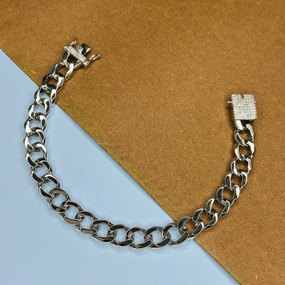 Cuban Link Bracelet in Pure 925 Silver with Paved Lock Clasp
