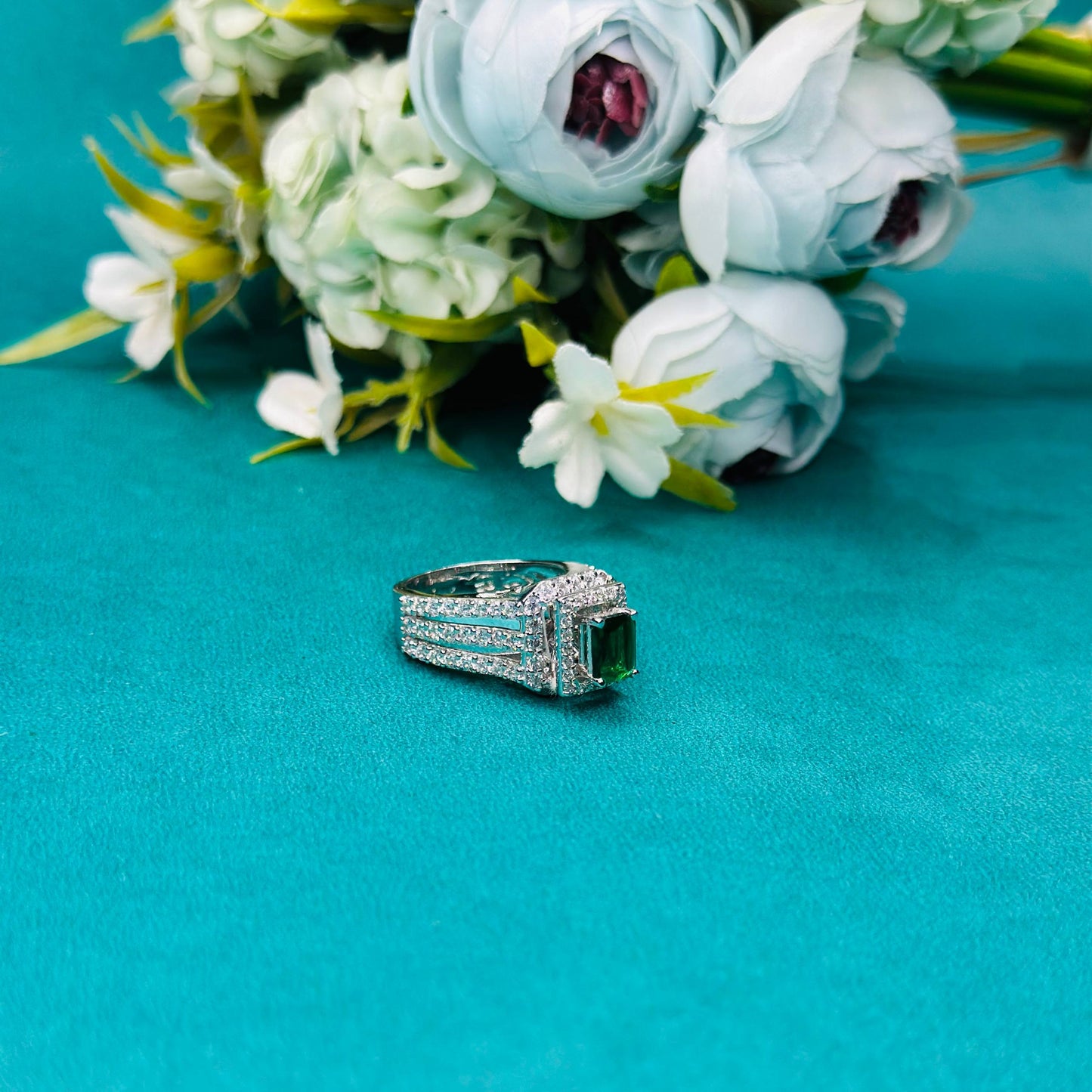 925 Sterling Silver Emerald-Cut Green CZ Royal Ring