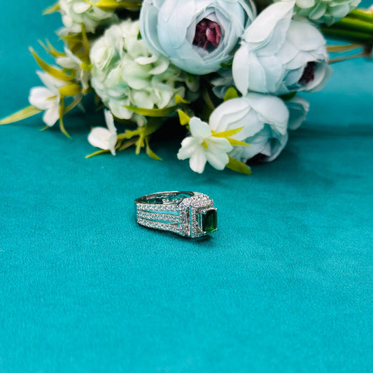 925 Sterling Silver Emerald-Cut Green CZ Royal Ring