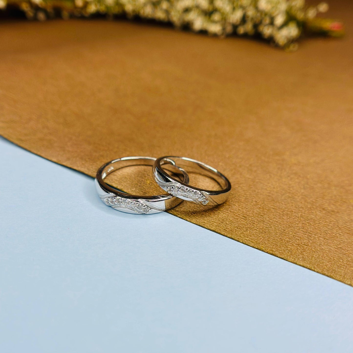 Twist Design Couple Rings in Pure 925 Silver with CZ Detailing