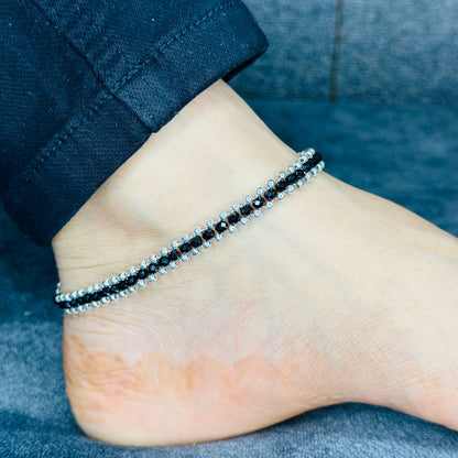 Sterling Silver Double Layer Black Beaded Anklet